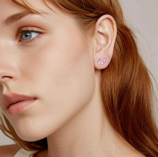 925 Sterling Silver Pink Crystal Bow Stud Earrings